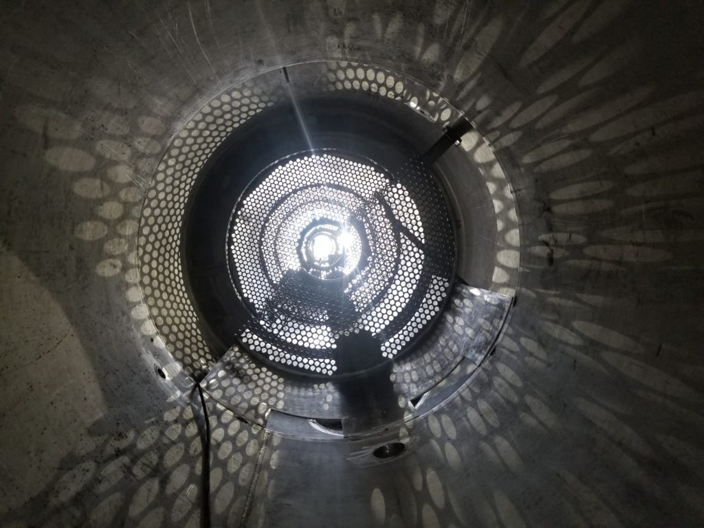 Interior of a fabricated vessel showing perforated baffle plates