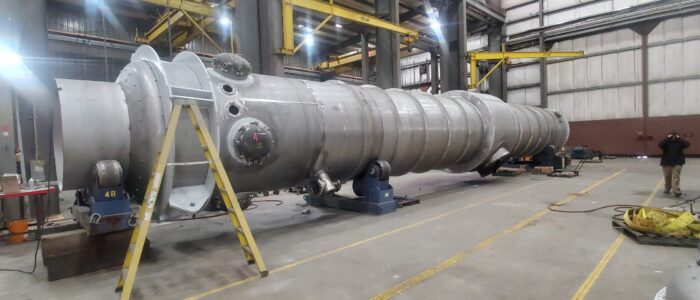 Stainless steel shell and tube heat exchanger during fabrication in the Harris Thermal shop